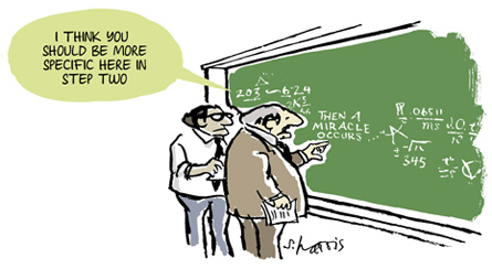 Let's start being more specific about our miracles... Cartoon &copy; Sidney Harris. Used with permission [ScienceCartoonsPlus.com](www.ScienceCartoonsPlus.com)