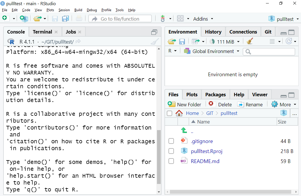 What you should see... **Note** there are three files in the `Files` tab in the bottom-right window, and you should see a `Git` tab for the top-right window. It also says `pullltest` in the project drop-down top-right on mine, but yours will display the name you gave your forked repo.