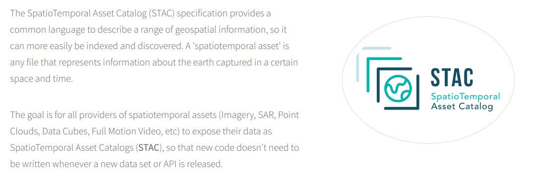 An example of a geospatial metadata standard. SpatioTemporal Asset Catalogs [(STAC; stacspec.org)](https://stacspec.org/) aims to provide a common specification to enable online search and discovery of geospatial assets in just about any format.