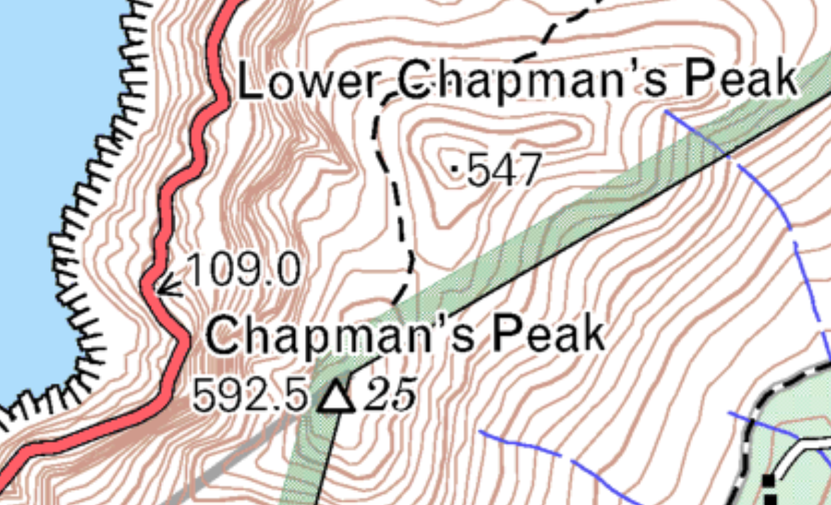 Zoomed in on Chapman's peak on the the Cape Peninsula 1:50,000 topographic map (3418AB & AD). At this scale the road (in red) is probably better mapped as an area than a line?