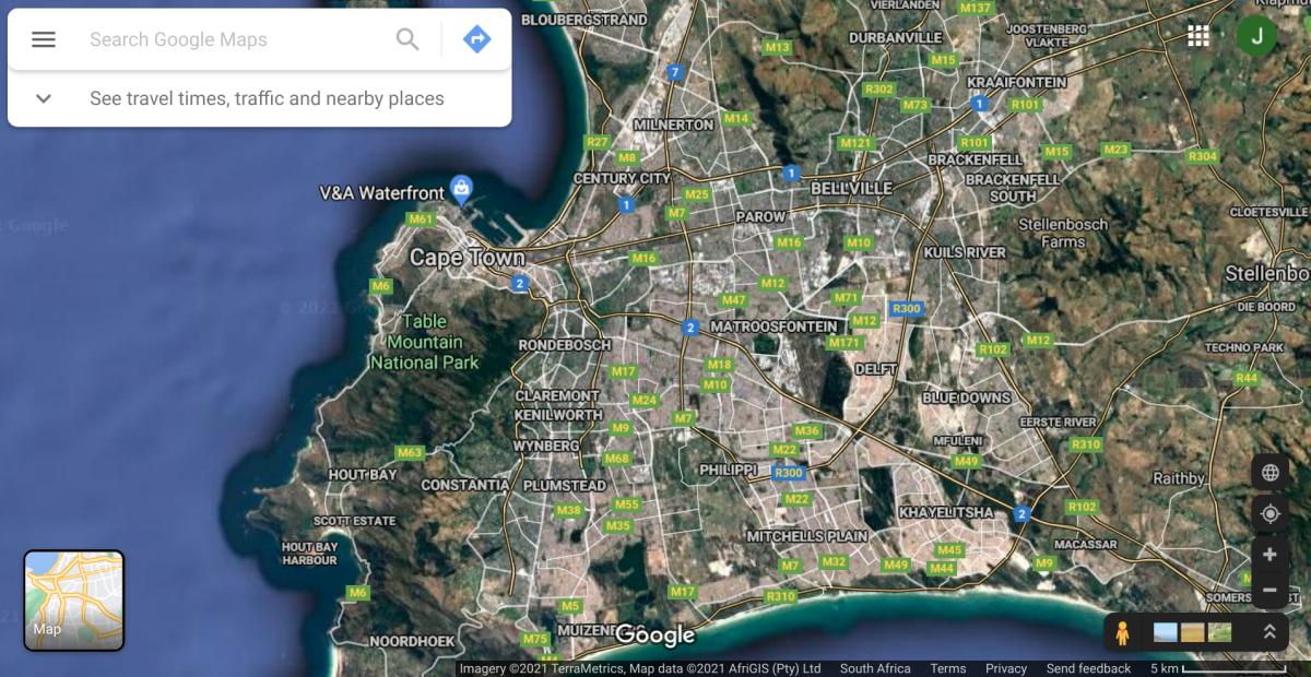 Screenshot of [Google Maps](http://maps.google.co.za/) for Cape Town.