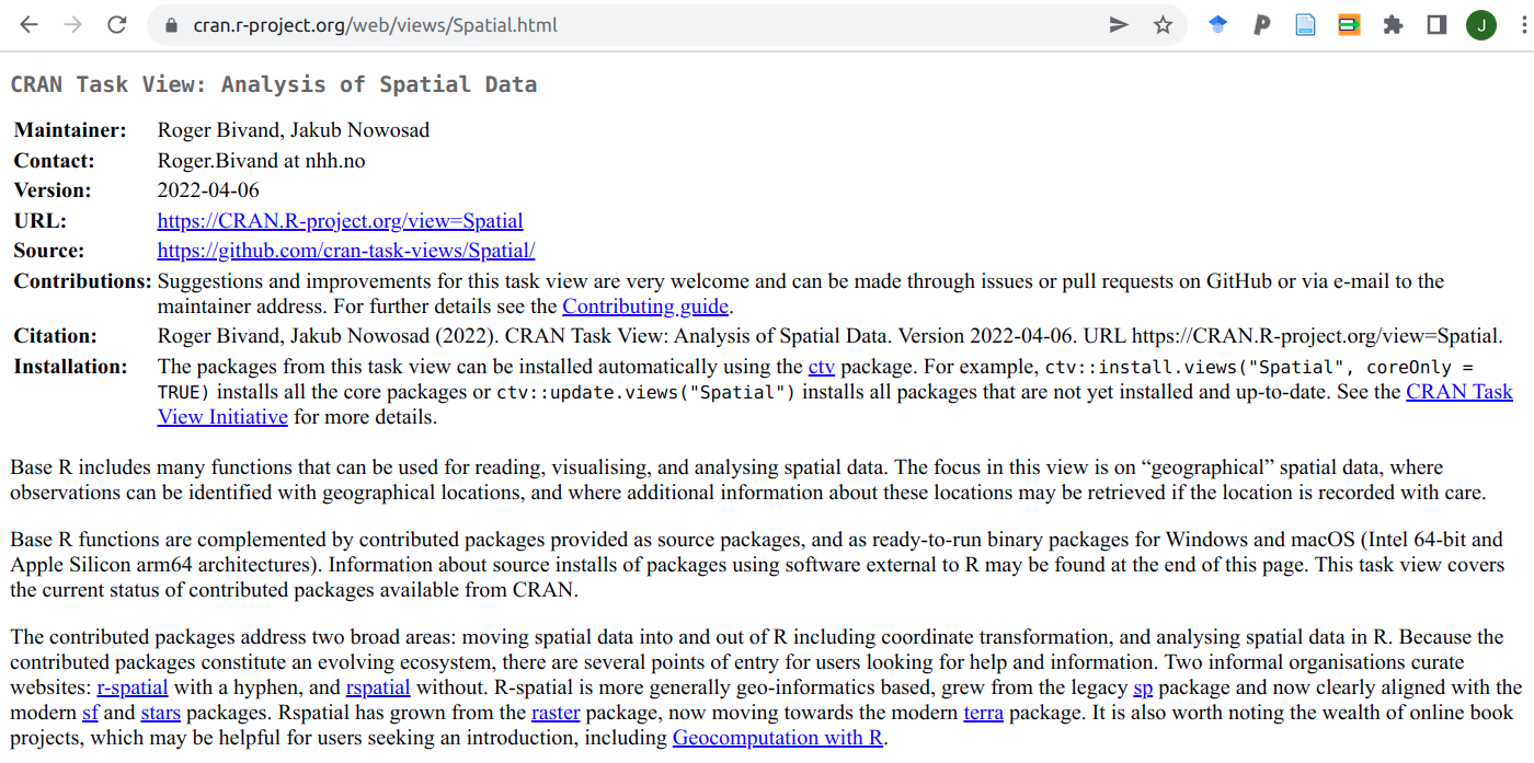Screenshot of the "Spatial" Task View at [https://cran.r-project.org/](https://cran.r-project.org/)