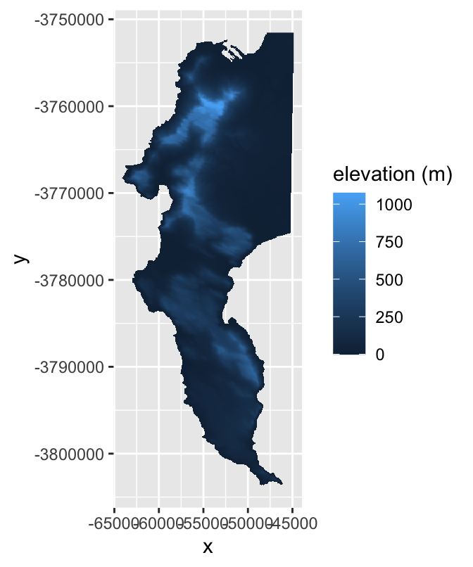 Raster representation of continuous data; a digital elevation model of the Cape Peninsula.